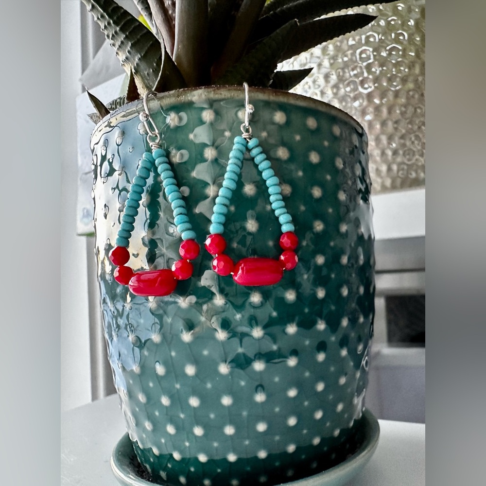 Vibrant Red and Turquoise Beaded Earrings